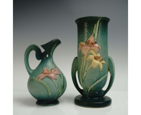 Two-piece set of Roseville Pottery in the Zephyr Lily pattern, showcasing a matte green glaze with raised yellow lily motifs.