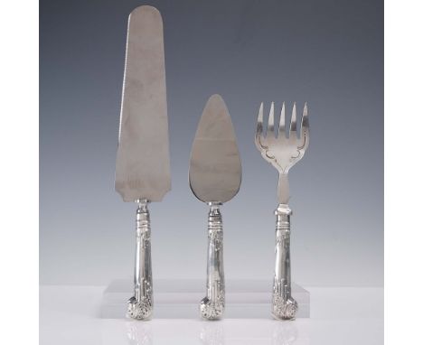 This three piece serving utensil set includes a serrated cake knife, a pie server, and a decorative serving fork, each featur