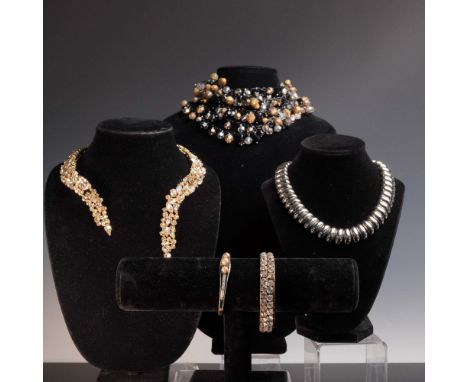 Group of five vintage and modern fashion jewelry pieces including three statement necklaces and two hinged bangles. Includes 