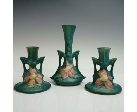 Three-piece set of Roseville Pottery in the Clematis pattern, finished in a matte green glaze with raised pink and yellow cle