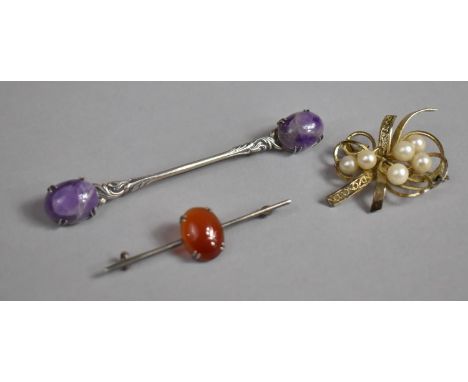 A Collection of Three Silver Brooches Long Silver and Amethyst Brooch having Cabochons to Ends in an Organic Style Mount, a B