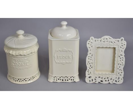 A Creamware Flour Bin, Easel Back Photo Frame and a Cylindrical Cookie Jar 