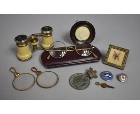 A Pair of Vintage French Opera Glasses, Cased Spectacles, Ivorine Circular Miniature, Miniature Portrait, Watercolour of a Fo