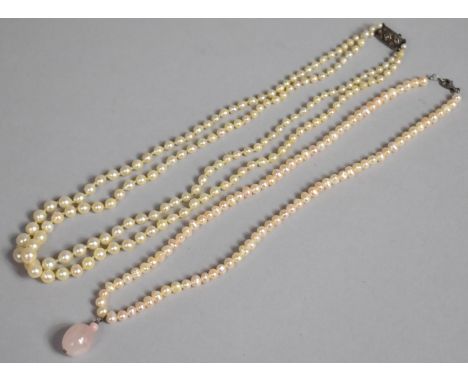 Two Vintage Pearl Necklaces, Double Strand Hand Knotted and With Silver and Marcasite Clasp, Single Strand having Rose Quarts