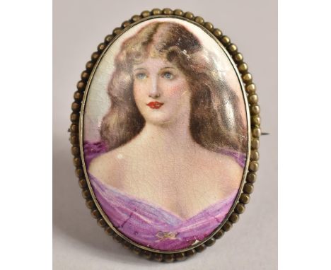 A Early 20th Century Continental Silver Mounted Brooch, Hand Painted Portrait on Porcelain of a Maiden in Purple Dress, 5.5x4
