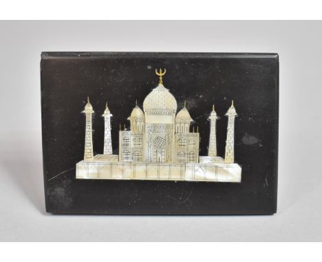 An Indian Souvenir Rectangular Desktop Paperweight with Inlaid Mother of Pearl Taj Mahal, 10x7cm 