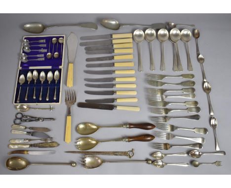 A Collection of Various Silver Plated Flatware to comprise Bone Handled and Silver Plated Knives, Fish Serving Set, Forks, Te