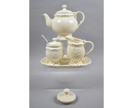 A Three Piece Creamware Tea Service with Small Oval Tray 