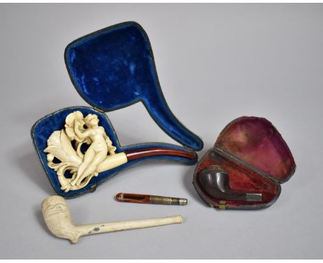A 19th Century Erotic Carved Meerschaum Cheroot Pipe in the Form of Nude Female Relining with Flowers, 19th Century Clay Pipe