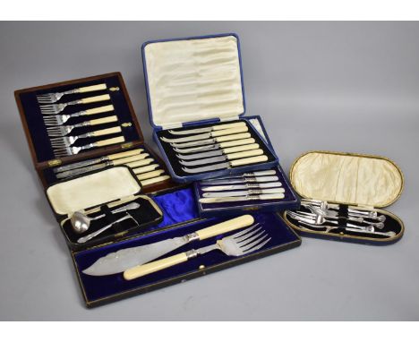 A Collection of Various Cased Cutlery to comprise Carving Set, Mother of Pearl and Silver Plated Butter Knives, Mahogany Case