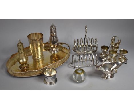 A Collection of Various Silver Plated Items to comprise Oval Galleried Tray, Toast Rack, Four Piece Egg Cups Set on Stand, Tw
