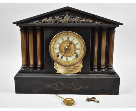 An American Black Slate Mantle Clock of Architectural Form by the Ansonia Clock Company, New York with Presentation Inscripti
