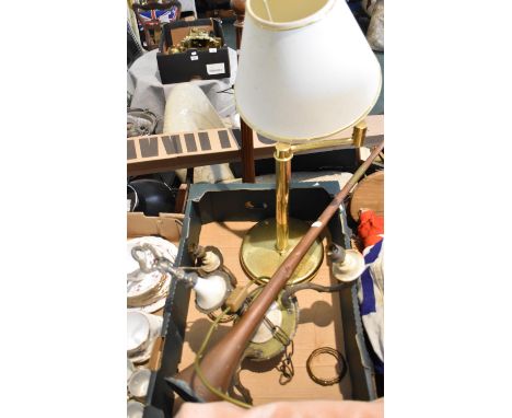 A Brass Table Lamp, Copper Coaching Horn and Three Branch Light Fitting 