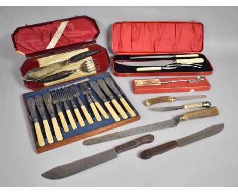 A Collection of Various Bone and Horn Handled Flatware to comprise Pickle Fork, Carving items, Cased Carvin Set Etc 