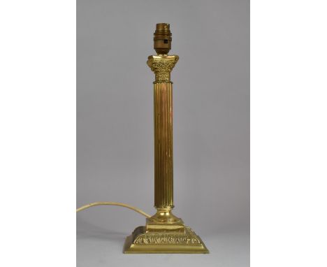 A Brass Table Lamp in the Form of a Ribbed Corinthian Column on Stepped Base, 38cm High 
