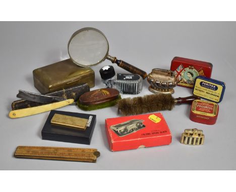 A Collection of Curios to Include His Master's Voice Record Cleaner, Magnifying Glass, Table Lighter, Tins, Folding Opera Gla