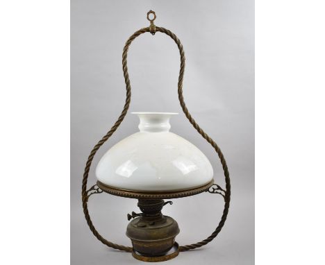 A Late/Early 20th Century Ceiling Hanging Oil Lamp with Opaque Glass Shade 