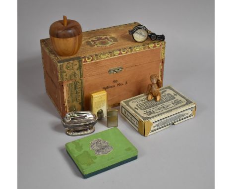 A Punch Cigar Box Containing Curios to Include Table Lighter, Treen Apple, Compass, Thimble, Miniature Monkey Toy, Cards and 