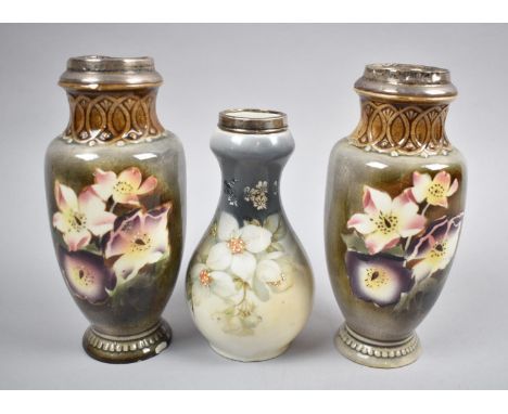 A Pair and One Single Silver Rimmed Ceramic Vases with Floral Decoration, Condition Issues 