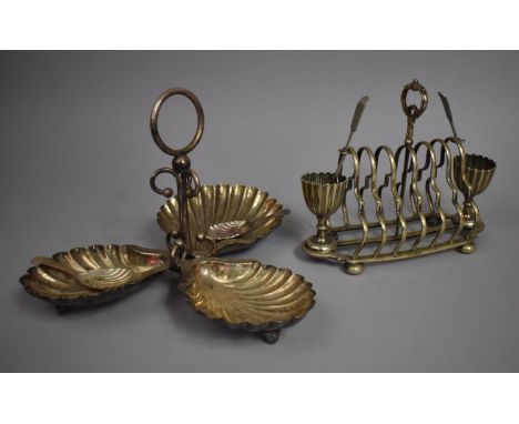 An Edwardian Silver Plated Boiled Egg and Toast Stand with Two Egg Cups, Together with a Silver Plated Serving Dish with Thre