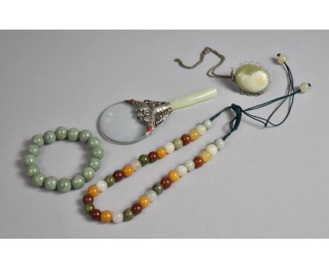 A Corded Multi Coloured Agate Necklace, and Elasticated Jadeite Bracelet, a Green Agate Pendant on Chain and an Oriental Jade