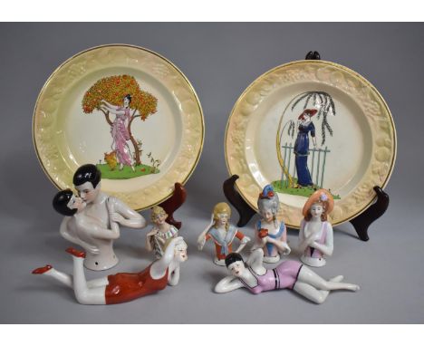 A Collection of Continental Ceramic Pin Cushion Dolls, Figural Ornaments and Pair of Decorated Plates 