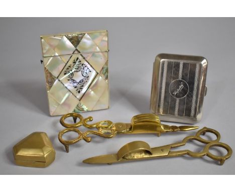 A Collection of Curios to Include Mother of Pearl Card Case, Two Candle Snuffs, Cigarette Case Inscribed 'Hipoley' and a Smal