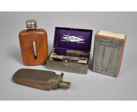 A Collection of Curios to Include Vintage Copper and Brass Powder Flask, Leather Covered Glass Hip Flask, Match Holder and Vi