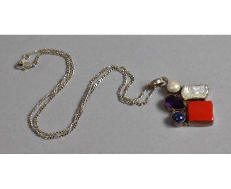 A Multi Jewelled Pendant on Silver Chain, Stones to include Pearl, Labradorite, Amethyst Etc 