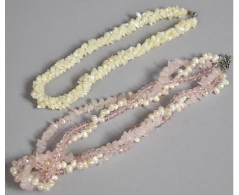A Mother of Pearl Multi Strand Rope Style Necklace, Together with a Rose Quartz and Pearl Multistrand Necklace 