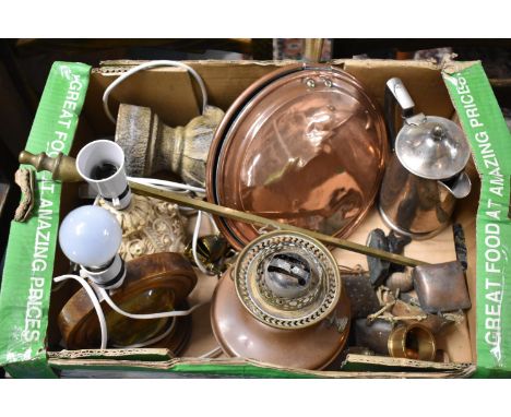 A Collection of Metalwares to Include Copper Oil Lamp, Copper Bed Warming Pan, Cow Bells, Table Lamps, Resin Finial etc 