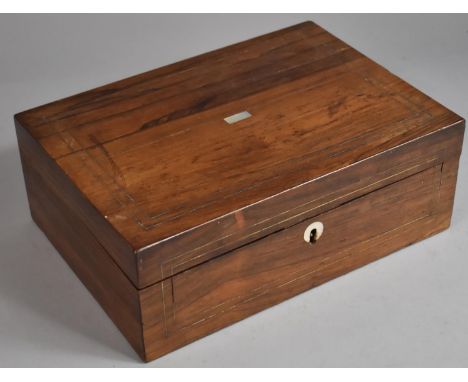 A 19th Century Rosewood Workbox with White Metal String Inlay and Mother of Pearl Escutcheons, 30cm wide 