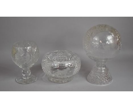 A Cut Glass and Etched Centre Bowl having Dog Decoration and Singed S Pieper 2008, Globular Goblet Vase with Cut Glass and Ce