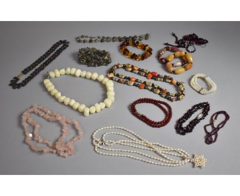 A Collection of Stone Bead Jewellery to include 9ct Gold Mounted Mother of Pear Necklace, Garnet Necklace, Moss Agate on Meta