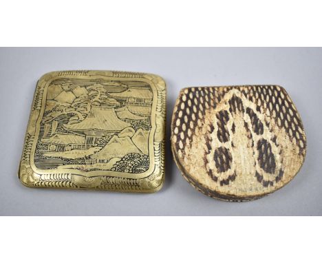 A Vintage Japanese Cigarette Case with Niello Decoration Depicting Coastal Village and Dragon Chasing Flaming Pearl Together 