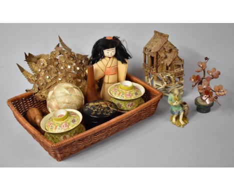 A Collection of Various Oriental Items to Include Chinese Mud Man and House, Lidded Rice Bowls and Stands, Japanese Doll (AF)