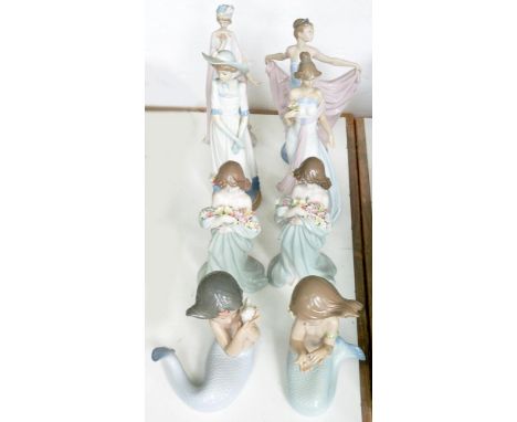 FIVE LLADRO FIGURES OF YOUNG WOMEN AND A SIMILAR NAO FIGURE AND PAIR OF MERMAIDS, 32CM H AND SMALLER, PRINTED MARK