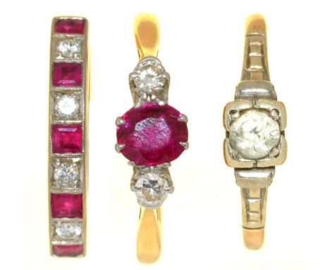 TWO RUBY AND DIAMOND RINGS IN GOLD, ONE MARKED 18CT AND PLAT, AND ANOTHER GEM SET RING MARKED 9CT AND PLAT, 7G, SIZES O - R½+