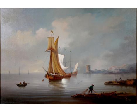 CONTINENTAL SCHOOL, FISHERMEN ON THE SHORE, SIGNED RUIG, OIL ON CANVAS, 49 X 69CM AND ARTHUR J. ELLESLEY, CHILDREN'S PONY RID
