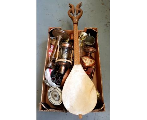 AN AFRICAN CARVED HARDWOOD PERCUSSION INSTRUMENT, A COPPER LANTERN AND MISCELLANEOUS METALWARE, ETC