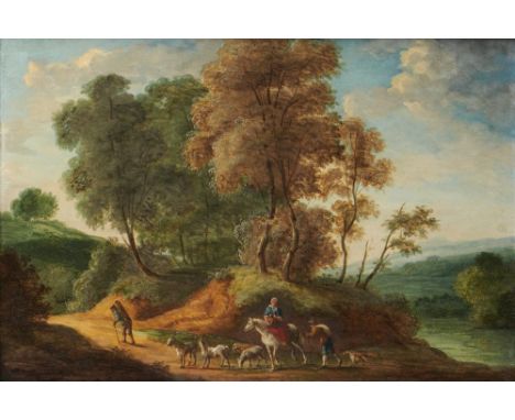 ATTRIBUTED TO LUCAS ACHTSCHELLINCK (1626-1699), A WOODED  RIVER LANDSCAPE WITH TRAVELLERS, oil on panel, 29 x 42cm++Localised