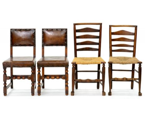 A PAIR OF VICTORIAN ASH LADDER BACK DINING CHAIRS WITH RUSH SEATS AND A PAIR OF VICTORIAN OAK DINING CHAIRS, UPHOLSTERED IN B