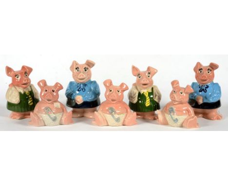 SIX WADE NATWEST PIGGY BANKS AND ONE OTHER, SIMILAR, 19CM H AND SMALLER, MOULDED MARK, ONE UNMARKED 