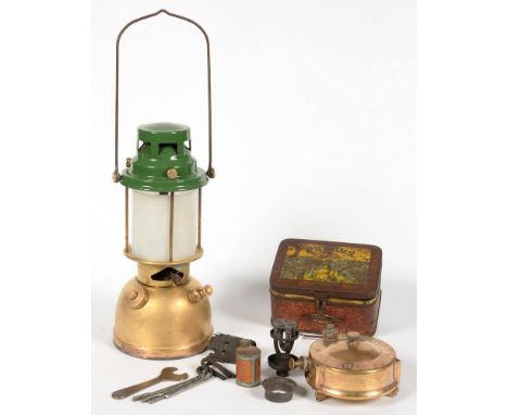 A MILITARY ISSUE BIALADDIN HURRICANE LANTERN, 1952 AND A PRIMUS STOVE