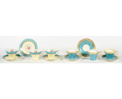 TWO SETS OF THREE SIMILAR AYNSLEY BLEU CELESTE GROUND TEACUPS AND SAUCERS, PRINTED MARK 