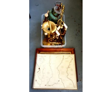 A COPPER SHIPS LANTERN, DEER ANTLERS, FIRE IRONS AND DECORATIVE METALWARE, ETC