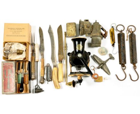 MISCELLANEOUS ITEMS, INCLUDING SILVER MOUNTED BONE HANDLED CARVING SET, COFFEE GRINDER, SPRING BALANCE, CANDLE SNUFFERS, ETC