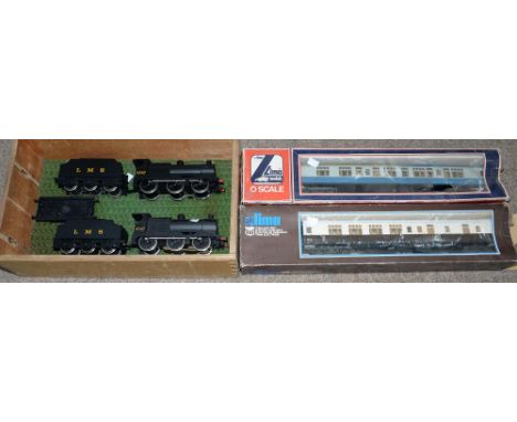 TWO LIMA O-GAUGE PLASTIC LMS LOCOMOTIVES AND TENDERS AND TWO BOXED LIMA COACHES