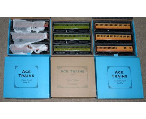 THREE SETS OF THREE ACE TRAINS O-GAUGE RAILWAY COACHES, INCLUDING LMS AND METROPOLITAN RAILWAYS, ALL BOXED 