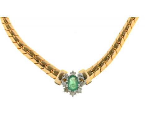 AN EMERALD AND DIAMOND ARTICULATED NECKLACE, OVAL EMERALD 0.6 CT APPROX,  IN GOLD MARKED 585, 42 CM LONG, 10.5G++IN GOOD COND